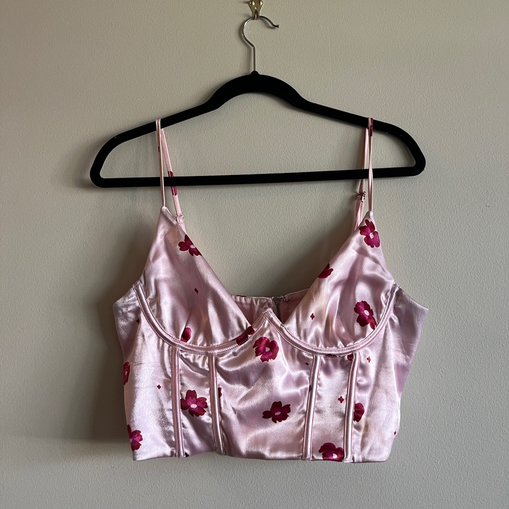 Pink Floral Satin Crop Top White Fox